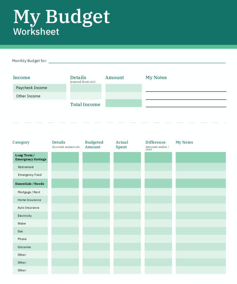 Clever Girl Finance budget worksheet