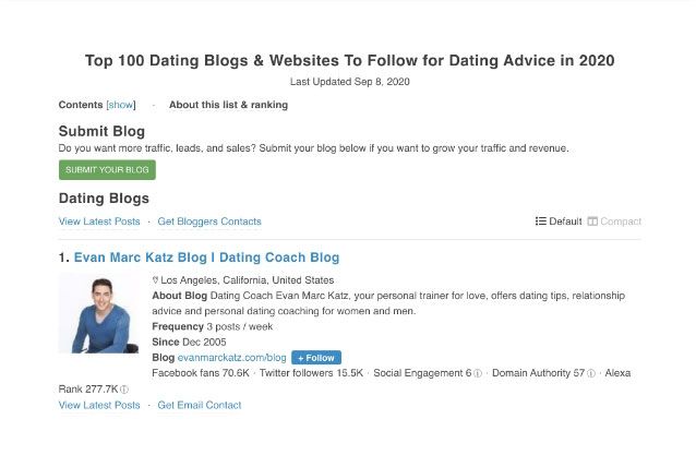 evanmarckatz.com on the top 100 dating blogs and websites list