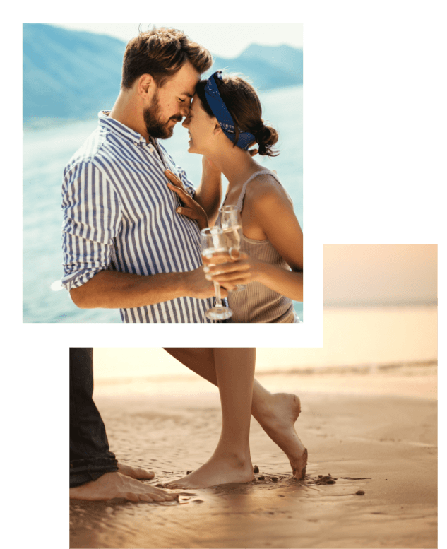 Love U success story of a happy couple getting romantic on the beach with a glass of champagne