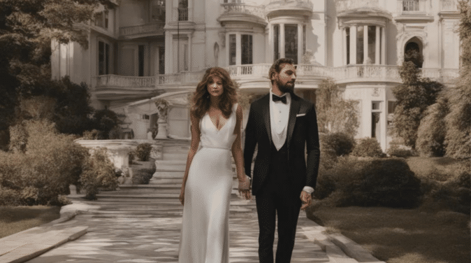 Attractive couple standing in front of a house